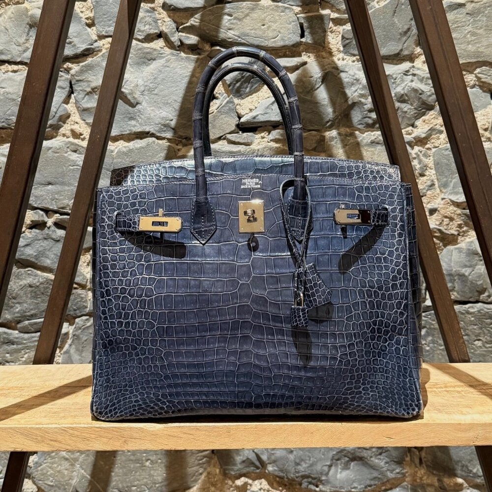 Hermès 2010 Brighton Blue Shiny Porosus Crocodile Birkin 35 Bag - Picture 1 of 16